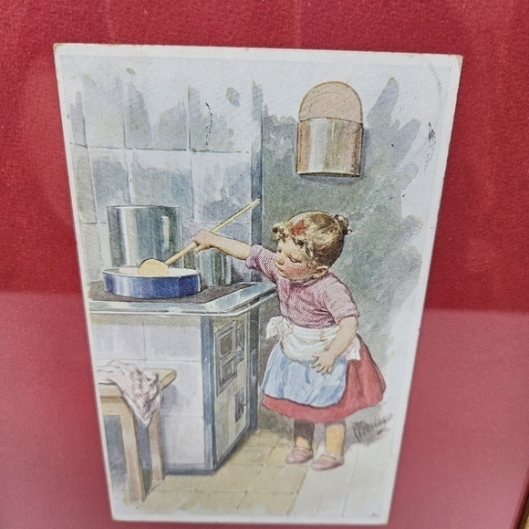 Framed Wall Art Vintage Postcard Girl Cooking Cottagecore Ready To Hang Kitchen - Picture 1 of 8